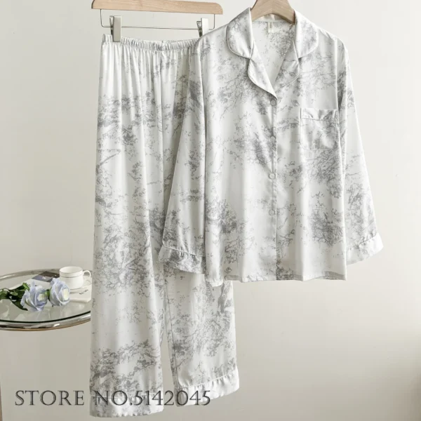Fashion Print Flower 2PCS Pajamas Set Women Sleepwear Spring Summer Trouser Suits Lounge Wear Loose Satin Homewear Pijamas Suit - Image 13