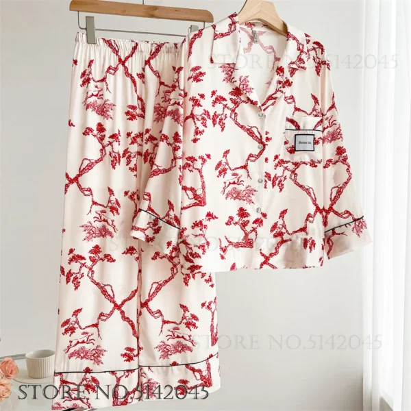 Fashion Print Flower 2PCS Pajamas Set Women Sleepwear Spring Summer Trouser Suits Lounge Wear Loose Satin Homewear Pijamas Suit - Image 9