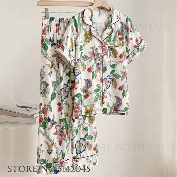 Fashion Print Flower 2PCS Pajamas Set Women Sleepwear Spring Summer Trouser Suits Lounge Wear Loose Satin Homewear Pijamas Suit - Image 17