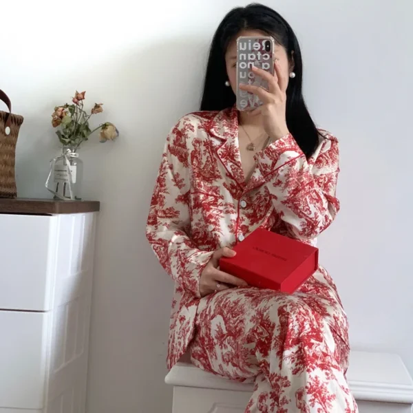 Fashion Print Flower 2PCS Pajamas Set Women Sleepwear Spring Summer Trouser Suits Lounge Wear Loose Satin Homewear Pijamas Suit - Image 5