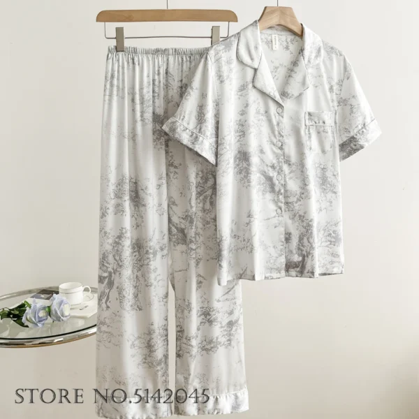 Fashion Print Flower 2PCS Pajamas Set Women Sleepwear Spring Summer Trouser Suits Lounge Wear Loose Satin Homewear Pijamas Suit - Image 19