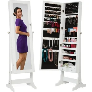 Freestanding Jewelry Armoire Cabinet, Full Length Standing Mirror, Lockable Makeup Storage Organizer