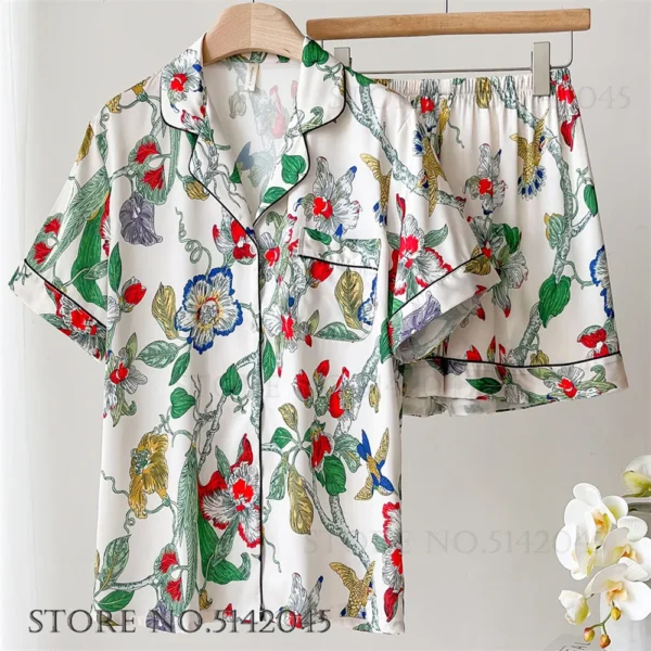 Fashion Print Flower 2PCS Pajamas Set Women Sleepwear Spring Summer Trouser Suits Lounge Wear Loose Satin Homewear Pijamas Suit - Image 18