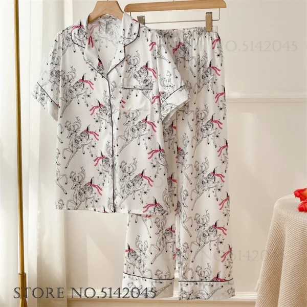 Fashion Print Flower 2PCS Pajamas Set Women Sleepwear Spring Summer Trouser Suits Lounge Wear Loose Satin Homewear Pijamas Suit - Image 15