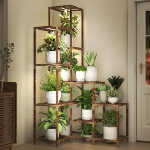 Corner Plant Stand with Grow Lights, 14 Tier Tall Plant Shelf Indoor Outdoor for Multiple Plants, Wood Plant Ladder Rack Holder