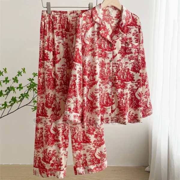 Fashion Print Flower 2PCS Pajamas Set Women Sleepwear Spring Summer Trouser Suits Lounge Wear Loose Satin Homewear Pijamas Suit - Image 2