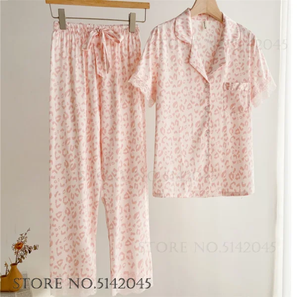 Fashion Print Flower 2PCS Pajamas Set Women Sleepwear Spring Summer Trouser Suits Lounge Wear Loose Satin Homewear Pijamas Suit - Image 12