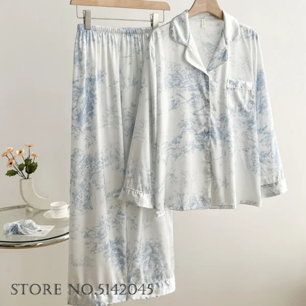 Fashion Print Flower 2PCS Pajamas Set Women Sleepwear Spring Summer Trouser Suits Lounge Wear Loose Satin Homewear Pijamas Suit - Image 14