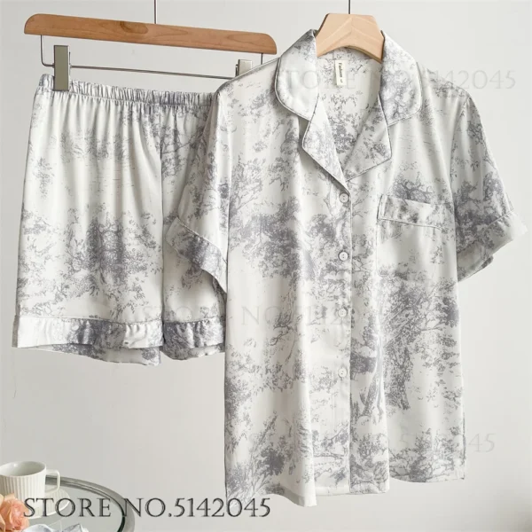 Fashion Print Flower 2PCS Pajamas Set Women Sleepwear Spring Summer Trouser Suits Lounge Wear Loose Satin Homewear Pijamas Suit - Image 7