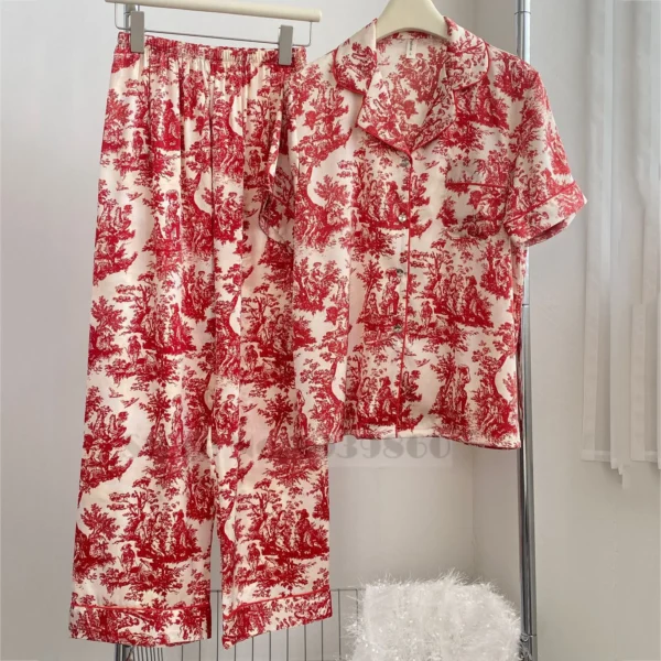 Fashion Print Flower 2PCS Pajamas Set Women Sleepwear Spring Summer Trouser Suits Lounge Wear Loose Satin Homewear Pijamas Suit - Image 16