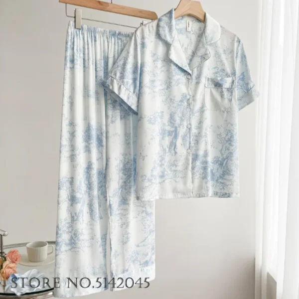 Fashion Print Flower 2PCS Pajamas Set Women Sleepwear Spring Summer Trouser Suits Lounge Wear Loose Satin Homewear Pijamas Suit - Image 20