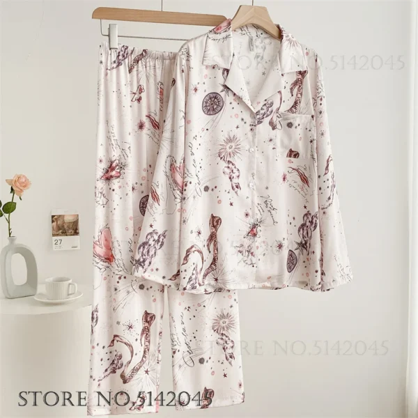 Fashion Print Flower 2PCS Pajamas Set Women Sleepwear Spring Summer Trouser Suits Lounge Wear Loose Satin Homewear Pijamas Suit - Image 10