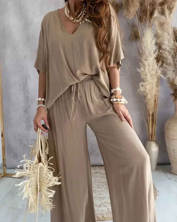 Summer White Two Piece Set For Women V Neck Bat Sleeve Top Casual Loose Lace Up Wide-leg Pants 2 Piece Suit Home Outfits Women's - Image 4