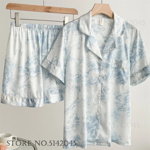 Fashion Print Flower 2PCS Pajamas Set Women Sleepwear Spring Summer Trouser Suits Lounge Wear Loose Satin Homewear Pijamas Suit - Image 8