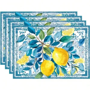 4/6/8pc Flower Lemon Printed Summer Linen Placemat Fresh Holiday Dining Table Mat Decoration for Wedding Party Home Gathering