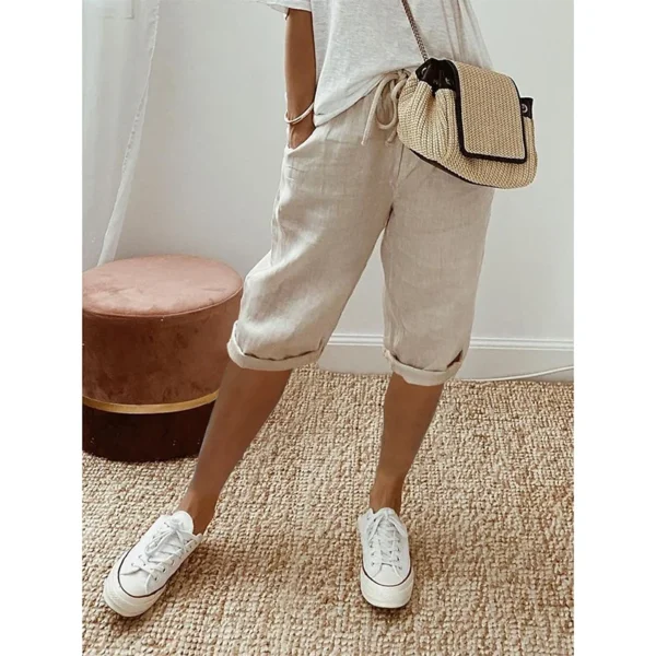 American Vintage Solid Lace Up Women's Cotton Linen Pants Elastic High Waist Wide-Leg Shorts With Pocket Streetwear Ladies Pants - Image 3