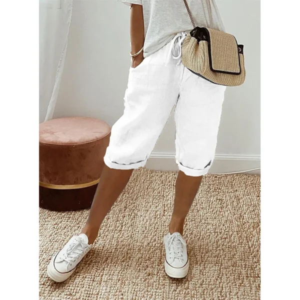 American Vintage Solid Lace Up Women's Cotton Linen Pants Elastic High Waist Wide-Leg Shorts With Pocket Streetwear Ladies Pants - Image 4