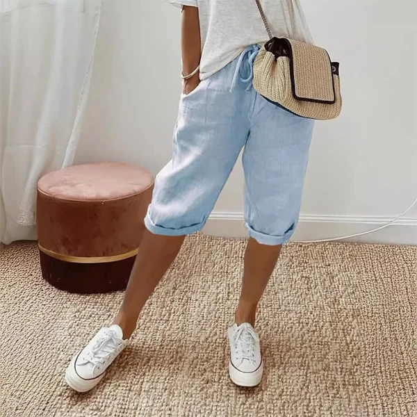 American Vintage Solid Lace Up Women's Cotton Linen Pants Elastic High Waist Wide-Leg Shorts With Pocket Streetwear Ladies Pants - Image 2