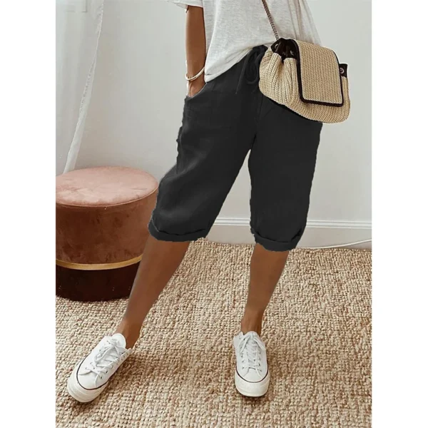 American Vintage Solid Lace Up Women's Cotton Linen Pants Elastic High Waist Wide-Leg Shorts With Pocket Streetwear Ladies Pants - Image 6