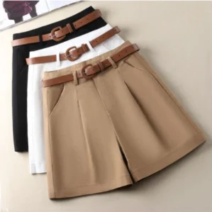 Women's Shorts High Waist Summer 2024 Cotton Straight Short Pants with Belt Office Lady Korean Fashion Solid Shorts for Women