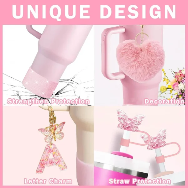 8pcs Cup Accessories for Stanley Cup 30oz 40oz Includes Butterfly Straw Cover Cap Silicone Boot  Handle Charm Initials Sticker - Image 3