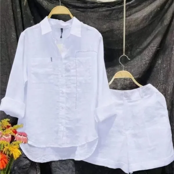 Summer Cotton Linen Casual Home 2 Piece Set For Women 2024 Fashion White Long Sleeve Shirt And Shorts Two Piece Sets Tracksuit - Image 10