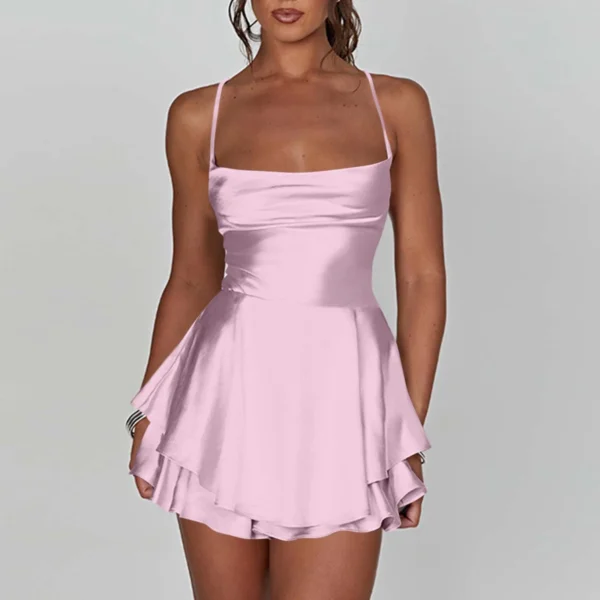 Ladies' Silk And Satin Elegant Sexy Slim Beautiful Backless Short Dress Cowl Neck Cross Spaghetti Strap Party Pleated Mini Skirt - Image 7