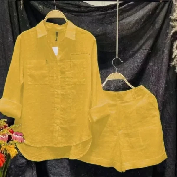 Summer Cotton Linen Casual Home 2 Piece Set For Women 2024 Fashion White Long Sleeve Shirt And Shorts Two Piece Sets Tracksuit - Image 2