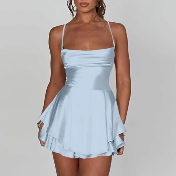 Ladies' Silk And Satin Elegant Sexy Slim Beautiful Backless Short Dress Cowl Neck Cross Spaghetti Strap Party Pleated Mini Skirt - Image 11