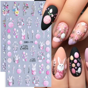 Easter Bunny Nail Art Stickers 3D Cute Cartoon Rabbit Egg Flower Adhesive Slider Decals Spring Flower Manicure Decoration Foils