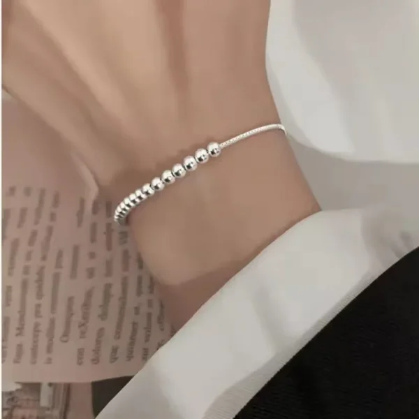 100% Solid 925 Sterling Silver Metal Bracelets for Women Men Beads Adjuatable Handmade Simple Bracelet Birthday Christmas Gift - Image 3
