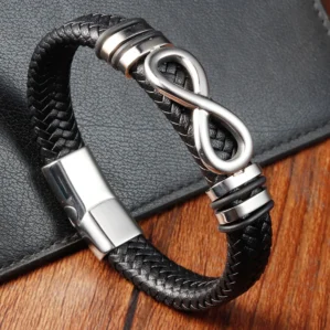 Classic Stainless Steel Leather Bracelet For Mens Chain Wristband Business Charm Jewelry Accessories for Dad Boyfriend