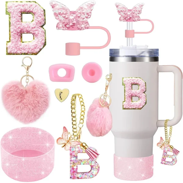 8pcs Cup Accessories for Stanley Cup 30oz 40oz Includes Butterfly Straw Cover Cap Silicone Boot  Handle Charm Initials Sticker - Image 14