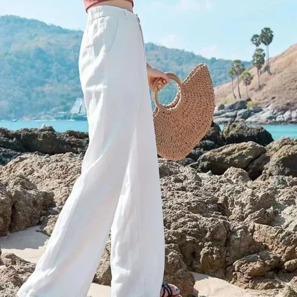 Summer Baggy Cotton Linen Pants Women Elegant High Waist White Wide Leg Pants Woman Casual Loose Straight Full Trousers Female - Image 2