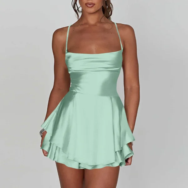 Ladies' Silk And Satin Elegant Sexy Slim Beautiful Backless Short Dress Cowl Neck Cross Spaghetti Strap Party Pleated Mini Skirt - Image 12
