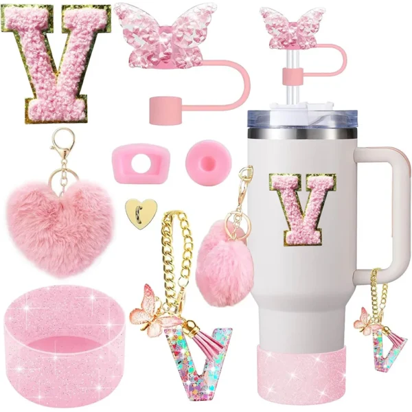 8pcs Cup Accessories for Stanley Cup 30oz 40oz Includes Butterfly Straw Cover Cap Silicone Boot  Handle Charm Initials Sticker - Image 10