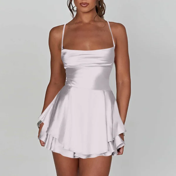 Ladies' Silk And Satin Elegant Sexy Slim Beautiful Backless Short Dress Cowl Neck Cross Spaghetti Strap Party Pleated Mini Skirt - Image 9
