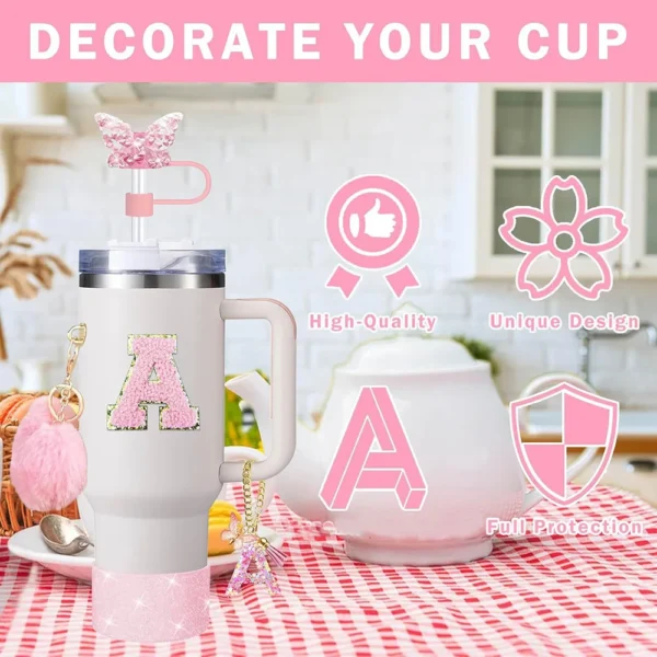 8pcs Cup Accessories for Stanley Cup 30oz 40oz Includes Butterfly Straw Cover Cap Silicone Boot  Handle Charm Initials Sticker - Image 2