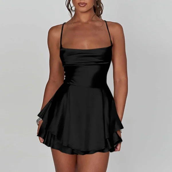 Ladies' Silk And Satin Elegant Sexy Slim Beautiful Backless Short Dress Cowl Neck Cross Spaghetti Strap Party Pleated Mini Skirt - Image 14