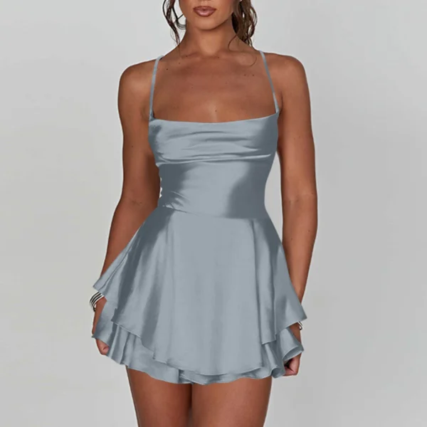 Ladies' Silk And Satin Elegant Sexy Slim Beautiful Backless Short Dress Cowl Neck Cross Spaghetti Strap Party Pleated Mini Skirt - Image 10