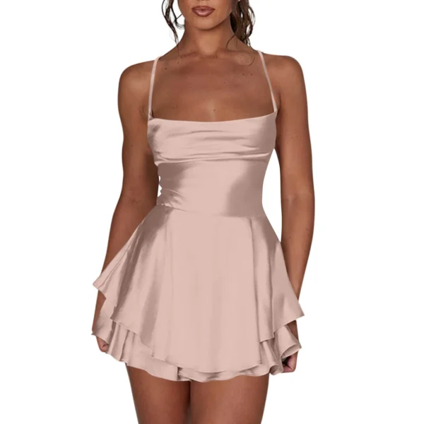 Ladies' Silk And Satin Elegant Sexy Slim Beautiful Backless Short Dress Cowl Neck Cross Spaghetti Strap Party Pleated Mini Skirt - Image 3