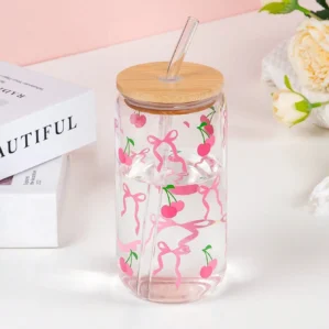 500ml Cute Bow Glass Cup Love Cherry Graffiti Pattern Water Bottle Coffee Cups With Lids Straw Brush Valentine's Day Party Gift