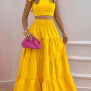 New Sexy Solid Two Suit Dress Women's Fashion Casual Loose Top Maxi Dress 2 Piece Set Female Elegant Holiday Sets 2024 Summer