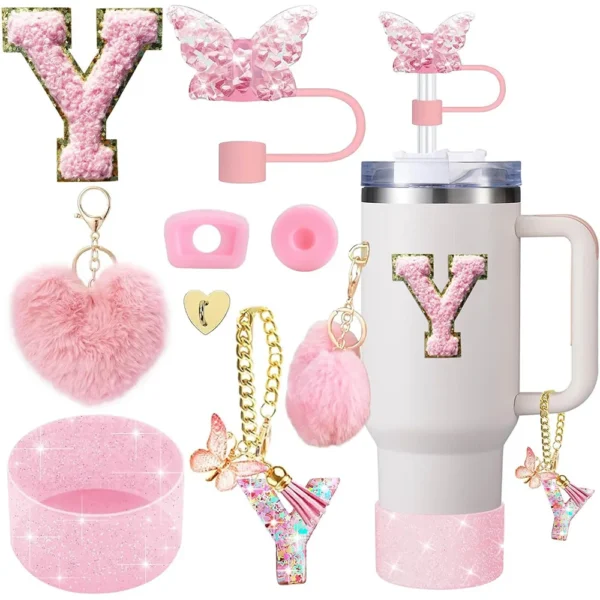 8pcs Cup Accessories for Stanley Cup 30oz 40oz Includes Butterfly Straw Cover Cap Silicone Boot  Handle Charm Initials Sticker - Image 11