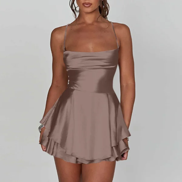 Ladies' Silk And Satin Elegant Sexy Slim Beautiful Backless Short Dress Cowl Neck Cross Spaghetti Strap Party Pleated Mini Skirt - Image 13