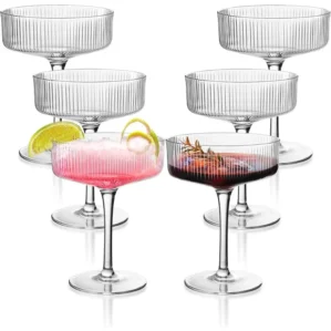 6 Pcs Ribbed Coupe Glasses, 10 oz Martini Glasses, Classic Vintage Cocktail Galssware, Pefect for Cocktail, Champagne and Gift