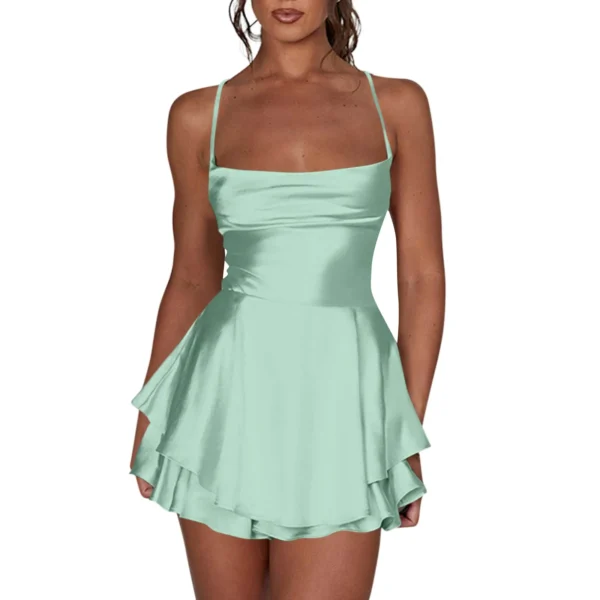 Ladies' Silk And Satin Elegant Sexy Slim Beautiful Backless Short Dress Cowl Neck Cross Spaghetti Strap Party Pleated Mini Skirt - Image 2
