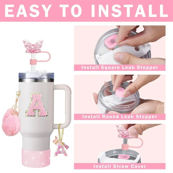 8pcs Cup Accessories for Stanley Cup 30oz 40oz Includes Butterfly Straw Cover Cap Silicone Boot  Handle Charm Initials Sticker - Image 5