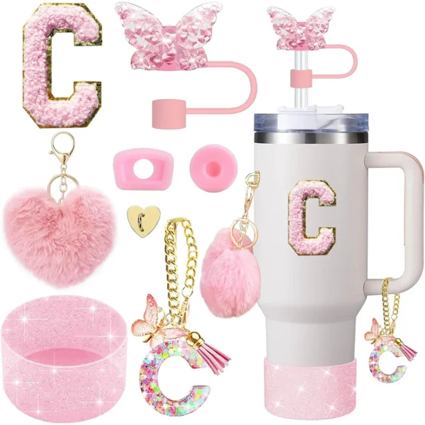 8pcs Cup Accessories for Stanley Cup 30oz 40oz Includes Butterfly Straw Cover Cap Silicone Boot  Handle Charm Initials Sticker - Image 15