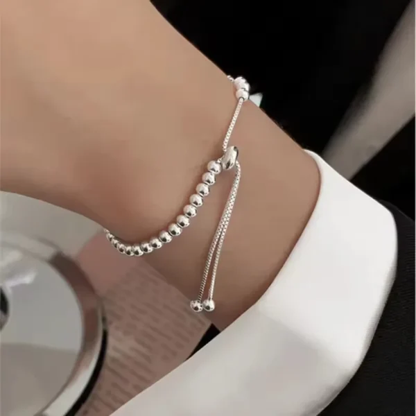 100% Solid 925 Sterling Silver Metal Bracelets for Women Men Beads Adjuatable Handmade Simple Bracelet Birthday Christmas Gift